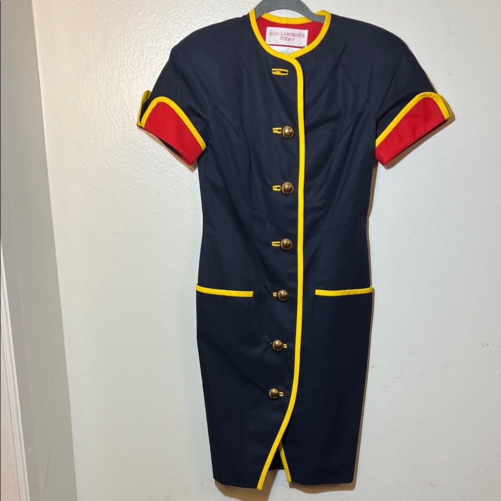 Lillie Rubin Vintage Dead Stock Navy Short Sleeve Midi Dress Red & Yellow XS